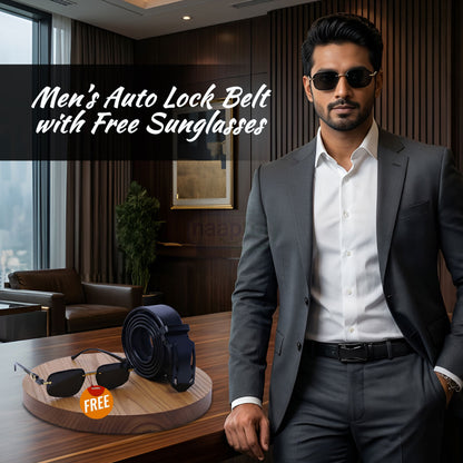 Men’s Auto Lock Belt with Free Sunglasses Combo | Adjustable No-Hole Belt, Stylish Buckle & UV Protection Shades