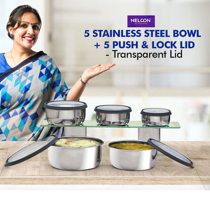 5-Piece Stainless Steel Bowl Set with Push-Lock Lids – Airtight Kitchen Storage Containers