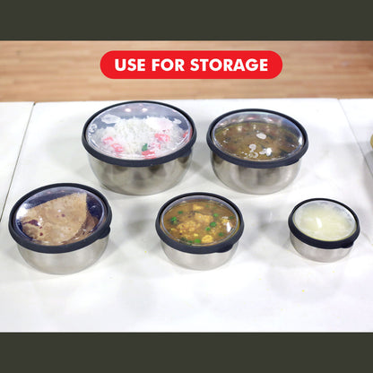 5-Piece Stainless Steel Bowl Set with Push-Lock Lids – Airtight Kitchen Storage Containers