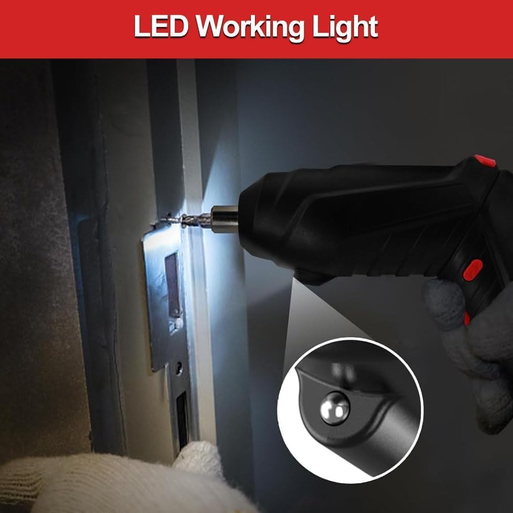 46-Piece Cordless Electric Screwdriver & Drill Kit with Rechargeable Battery, LED Light & 90° Rotating Handle