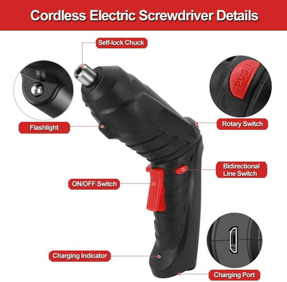 46-Piece Cordless Electric Screwdriver & Drill Kit with Rechargeable Battery, LED Light & 90° Rotating Handle