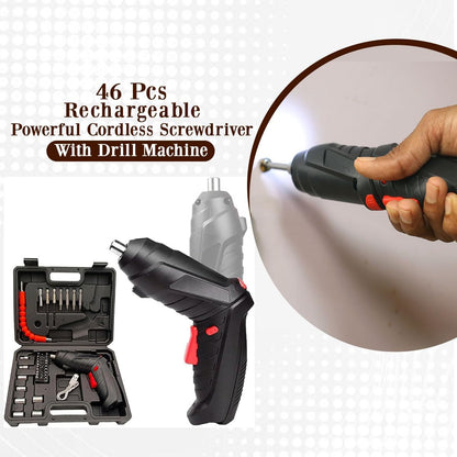 46-Piece Cordless Electric Screwdriver & Drill Kit with Rechargeable Battery, LED Light & 90° Rotating Handle