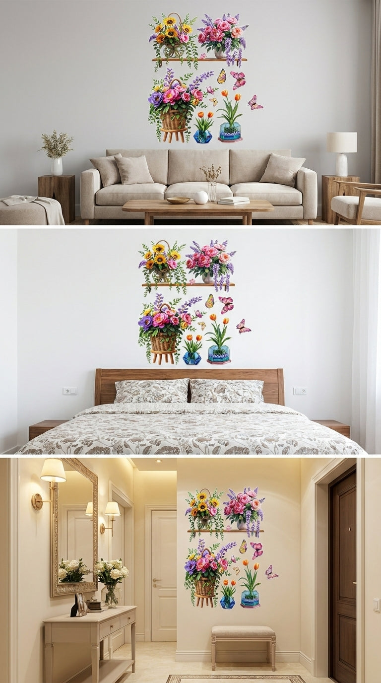 BloomVista™ 3D Flower Pot Wall Sticker | Self-Adhesive Floral Wall Décor | Waterproof DIY Home Decoration Art